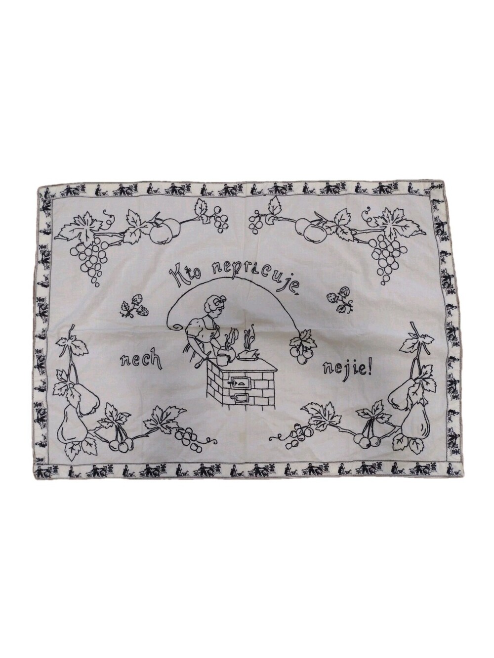 Vintage Slovak Embroidered Kitchen Wall Cloth Folk Art Proverb Textile